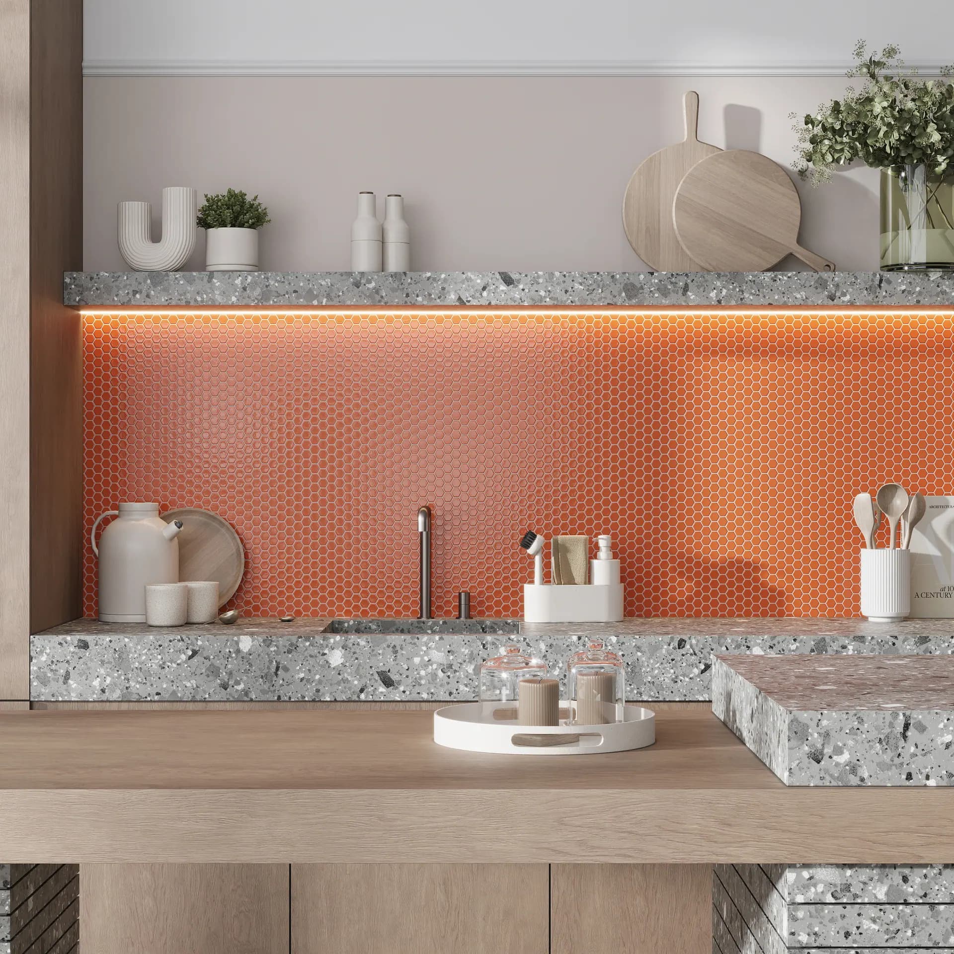 Orange hexagonal kitchen tile design