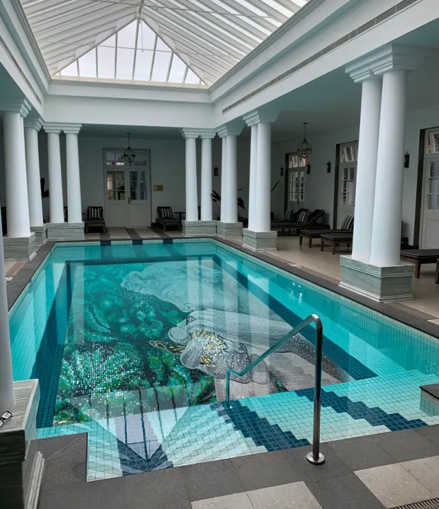 Spa-inspired indoor pool with ambient lighting